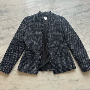 J. Crew Navy and White Tweed Fringe Open-Front Blazer Sz 2